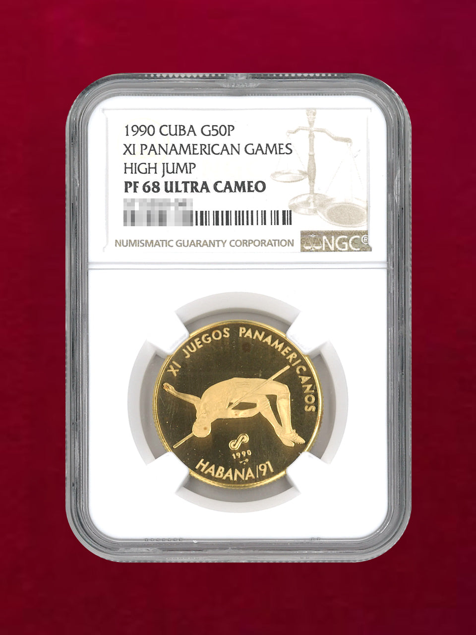 キューバ】50ペソ 金貨 1990 XI PANAMERICAN GAMES HIGH JUMP NGC PF68