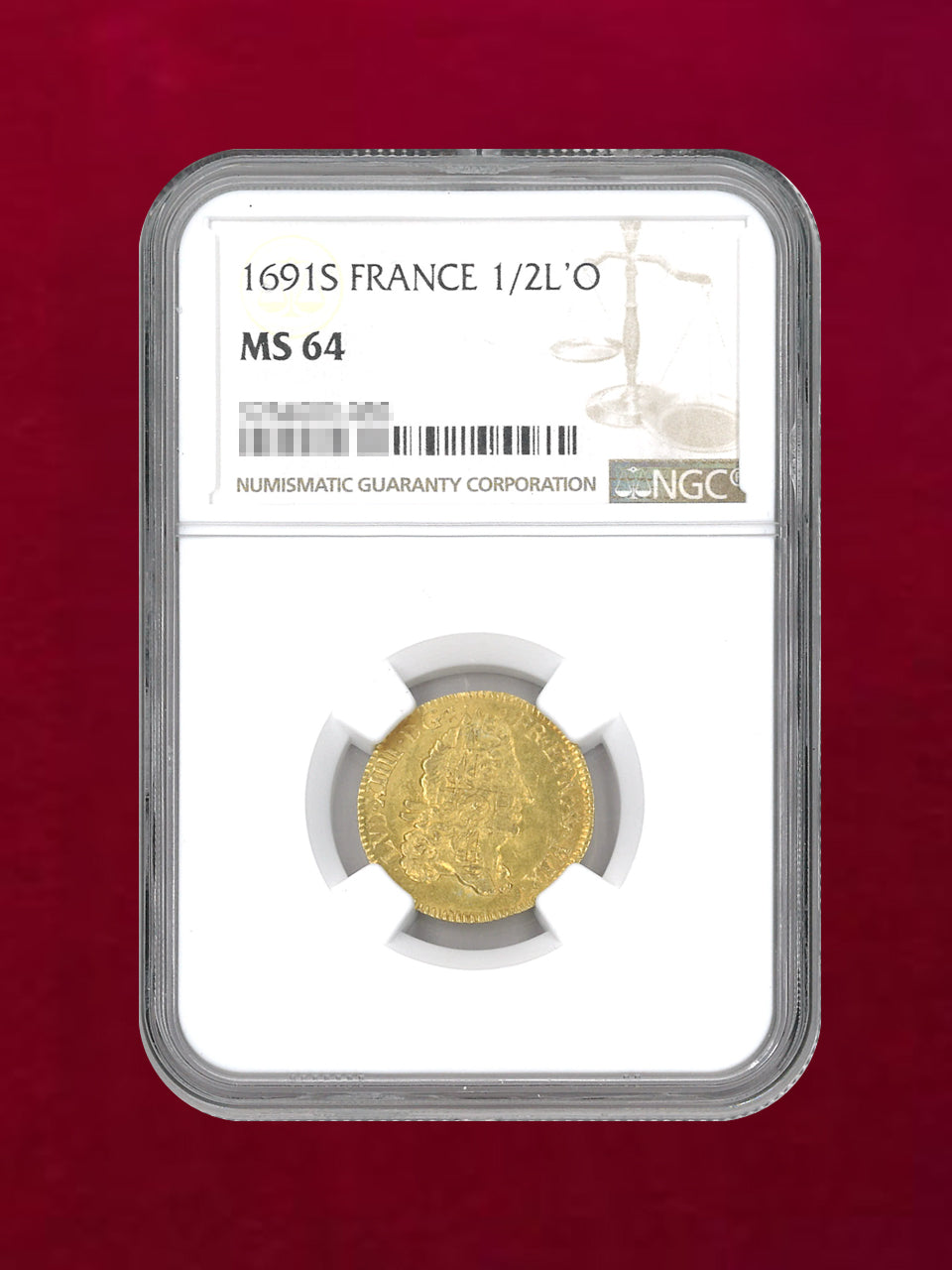 フランス】1/2ルイドール 金貨 1691S NGC MS 64［A-0000086