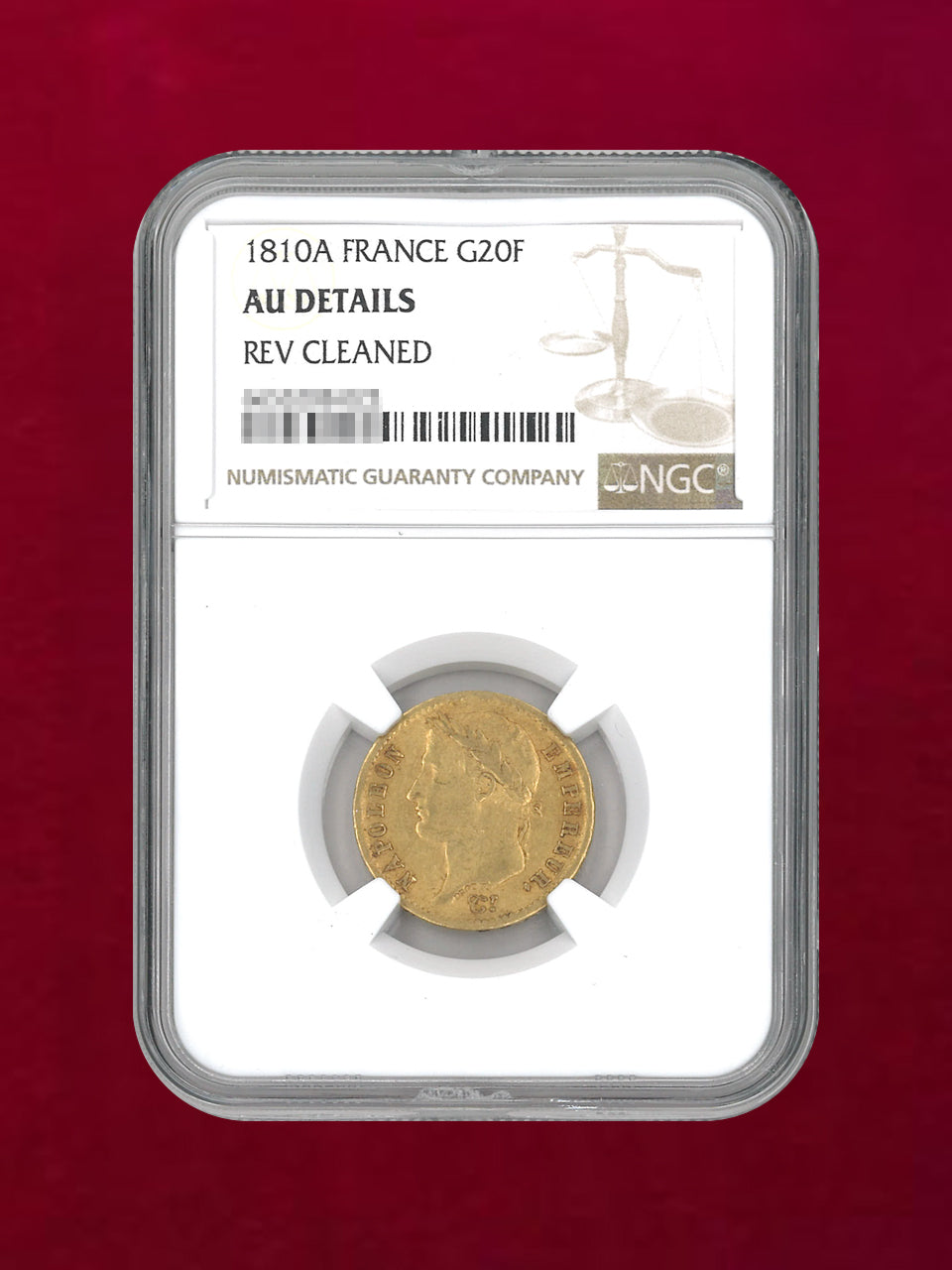 フランス】20フラン 金貨 1810A NGC AU DETAILS REV CLEANED［A