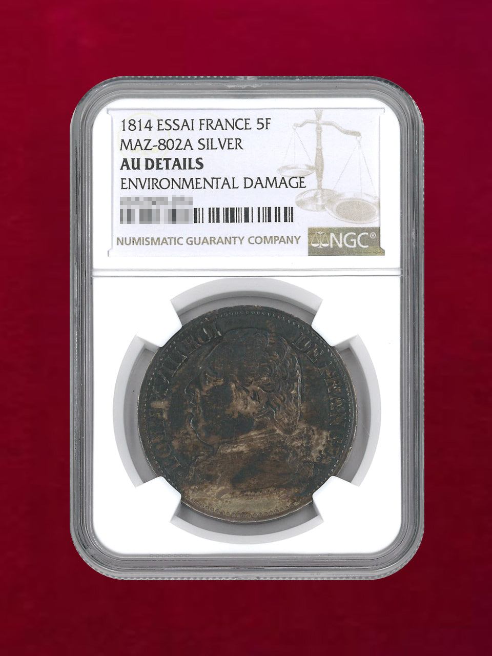フランス】5フラン 銀貨 ESSAI 1814 NGC AU DETAILS ENVIRONMENTAL