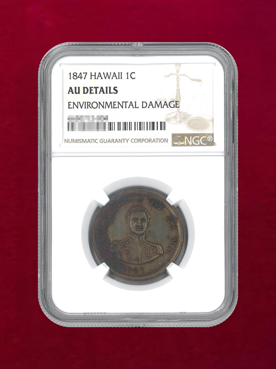 ハワイ】1セント 銅貨 1847 NGC AU DETAILS ENVIRONMENTAL DAMAGE［C