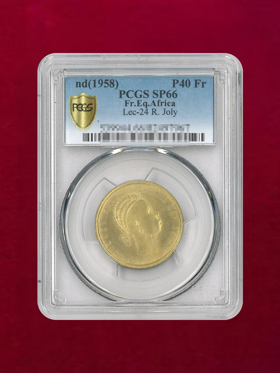 フランス領赤道アフリカ】40フラン アルミ銅貨 nd(1958) PCGS SP66［C