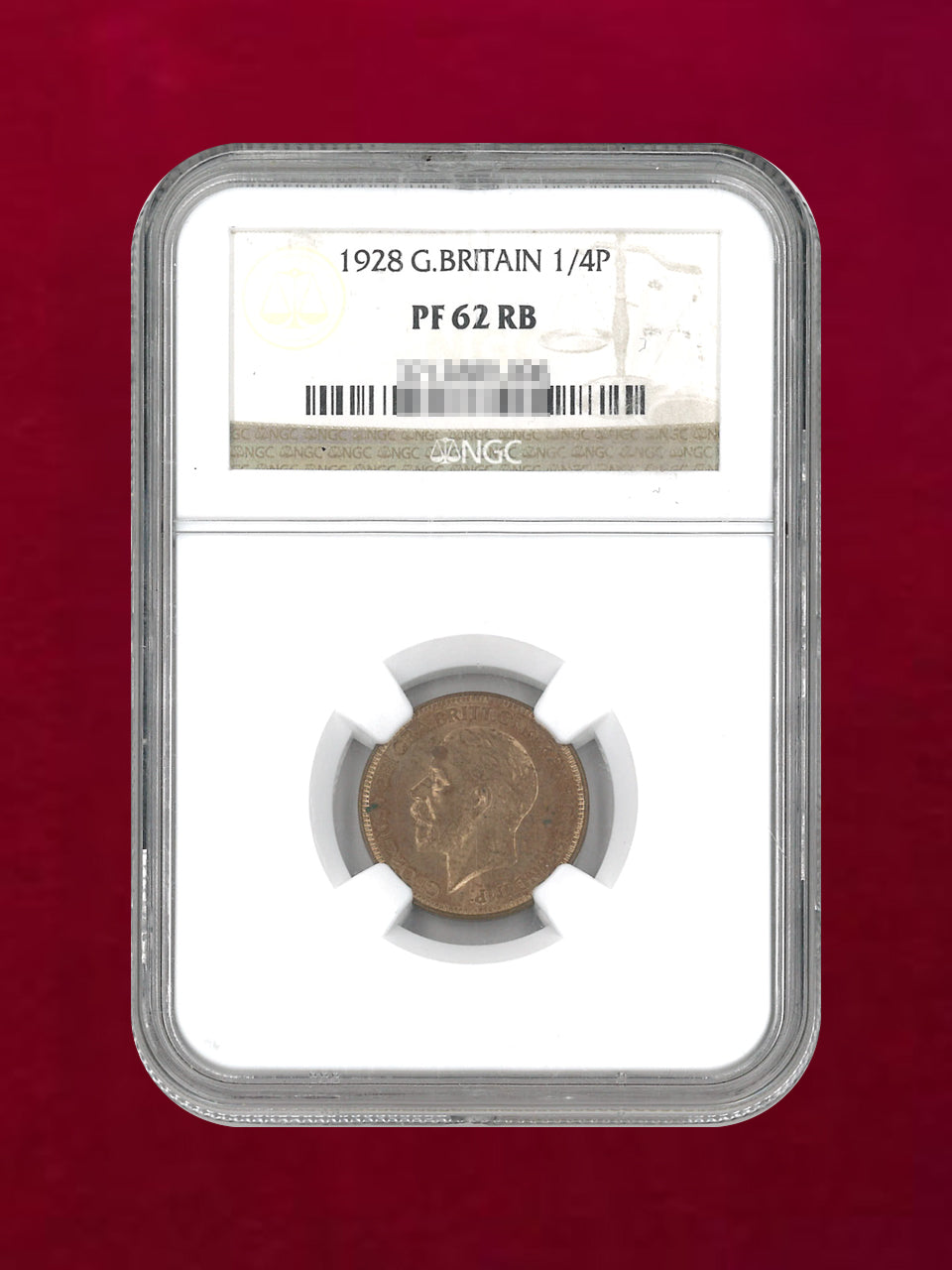 イギリス】1/4ペニー 青銅貨 1928 NGC PF 62 RB［C-0000148