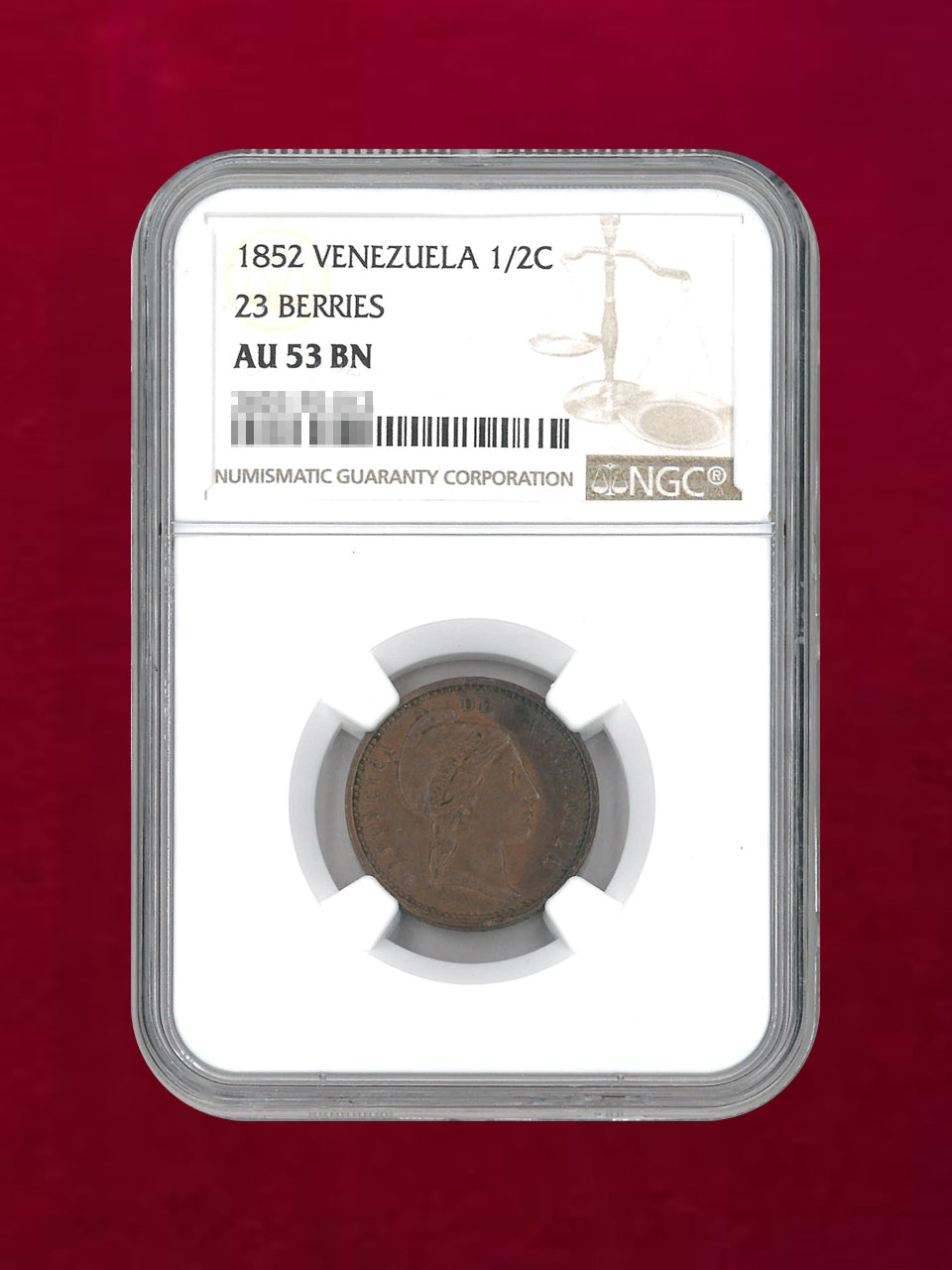 ベネズエラ】1/2センターボ 銅貨 23 BERRIES 1852 NGC AU 53 BN［C