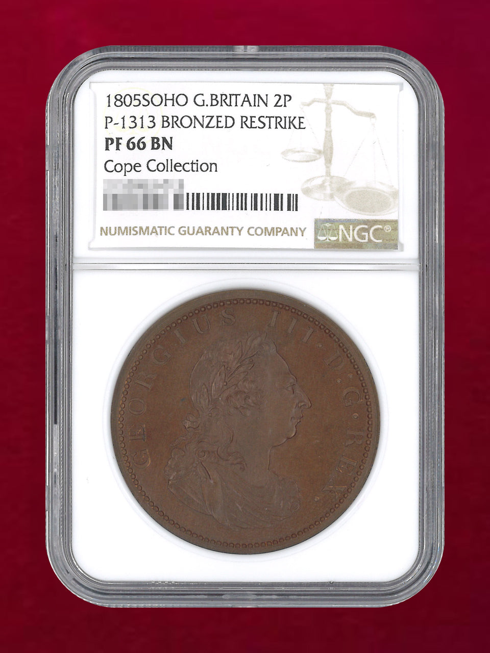 イギリス】2ペンス 青銅貨 リストライク 1805銘 NGC PF 66 BN［C