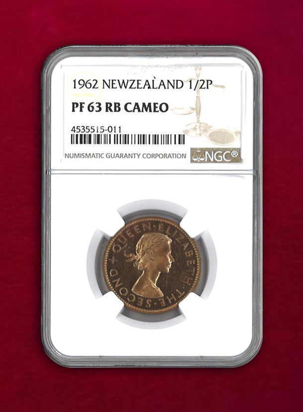 [New Zealand] 1/2 Penny 1962 NGC PF63 RB CAMEO [C-0000001]