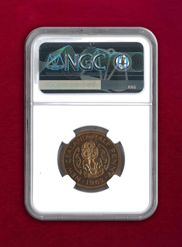 [New Zealand] 1/2 Penny 1962 NGC PF63 RB CAMEO [C-0000001]