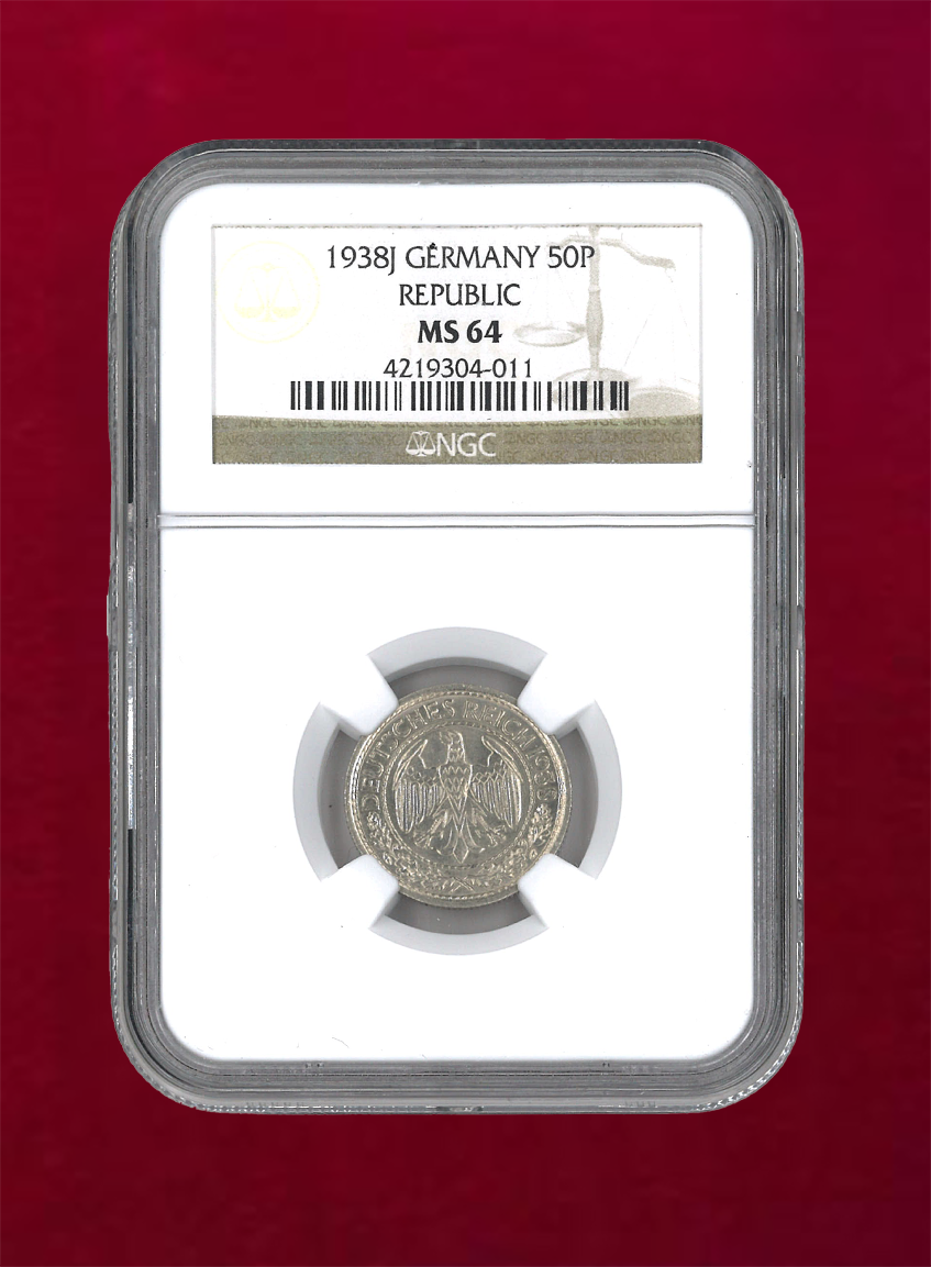 ドイツ・ワイマール共和国】50P ニッケル貨 1938J NGC MS64［C-0000004