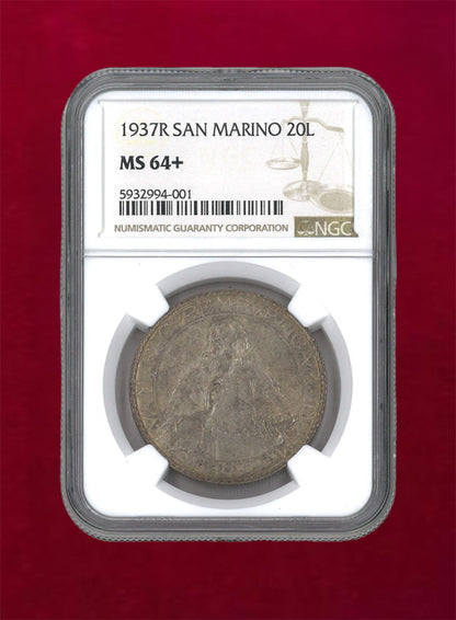 [San Marino] 20 Lira Silver Coin 1937R SAN MARINO NGC MS64+ [B-0000006]