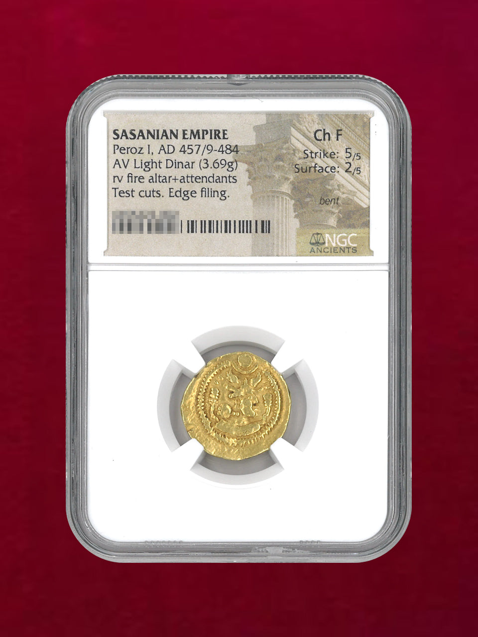 [Sassanid Persia] Peroz I, AD457/9-484 AV Light Dinar (3.69g) NGC Ch F 5/5 2/5 [A-0000032]