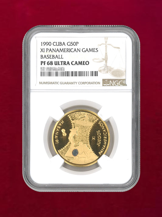 【キューバ】50ペソ金貨 1990 XI PANAMERICAN GAMES BASEBALL NGC PF68 ULTRA CAMEO［A-0000043］