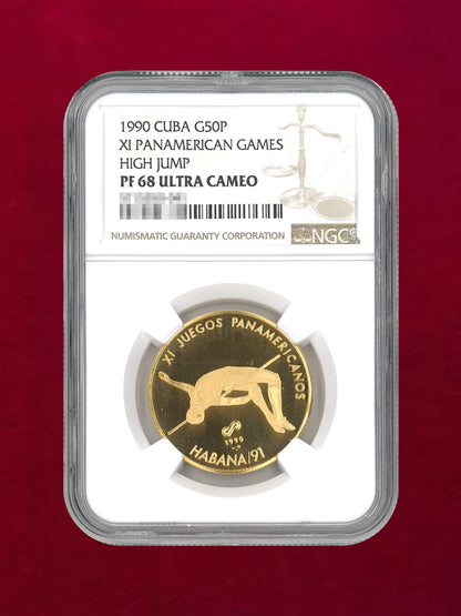 [Cuba] 50 Peso Gold Coin 1990 XI PANAMERICAN GAMES HIGH JUMP NGC PF68 ULTRA CAMEO [A-0000044]