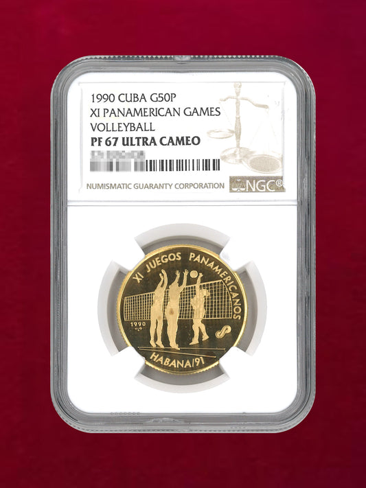 【キューバ】50ペソ金貨 1990 XI PANAMERICAN GAMES VOLLEBALL NGC PF67 ULTRA CAMEO［A-0000045］