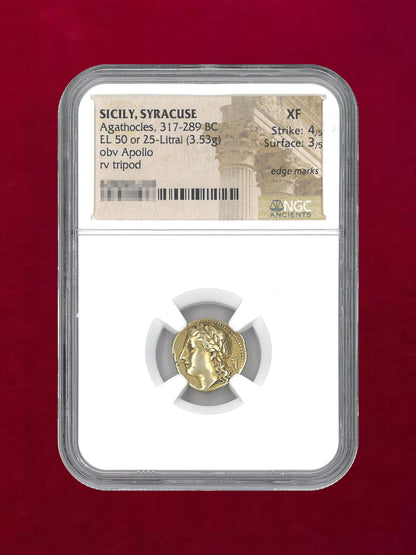 【シチリア・シラクサ】Agathocles, 317-289BC EL 50 ir 25-Litral(3.53g) NGC XF 4/5 3/5 edge marks［A-0000063］