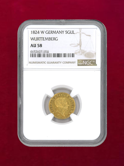 [Württemberg, Germany] 5 Gulden Gold Coin 1824W NCG AU 58 [A-0000089]