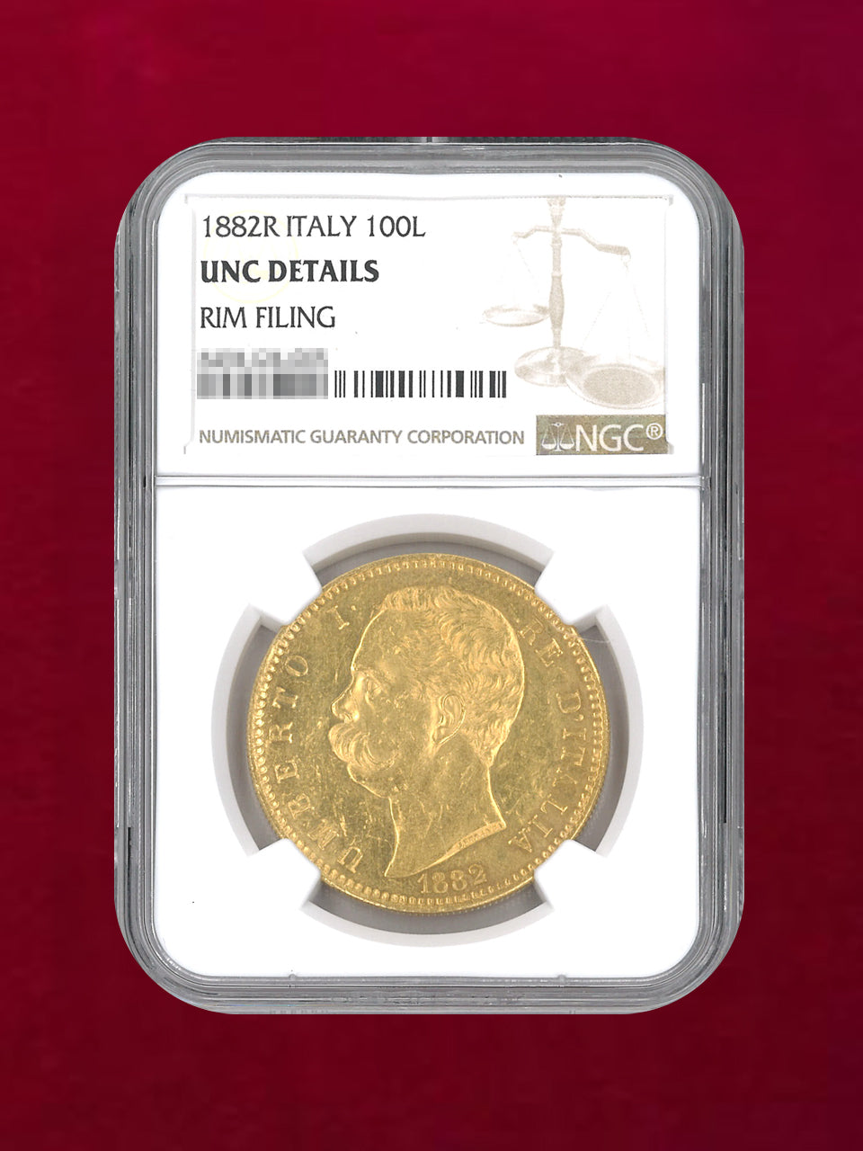 [Italy] 100 Lira Gold Coin 1882R NGC UNC DETAILS RIM FILING [A-0000097]