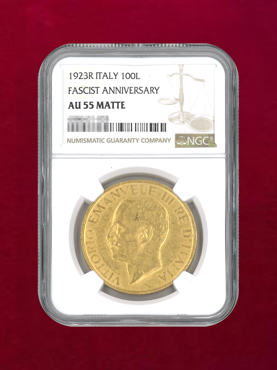 [Italy] 100 Lira Gold Coin FASCIST ANNIVERSARY 1923R NGC AU 55 MATTE [A-0000098]