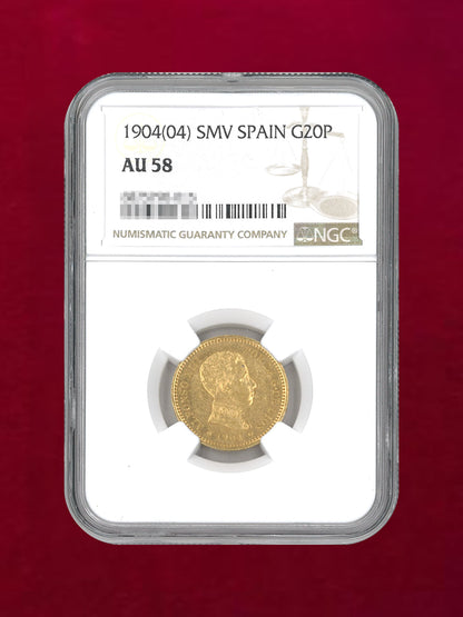 【スペイン】20ペセタ 金貨 1904(04) SMV SPAIN NGC AU 58［A-0000104］