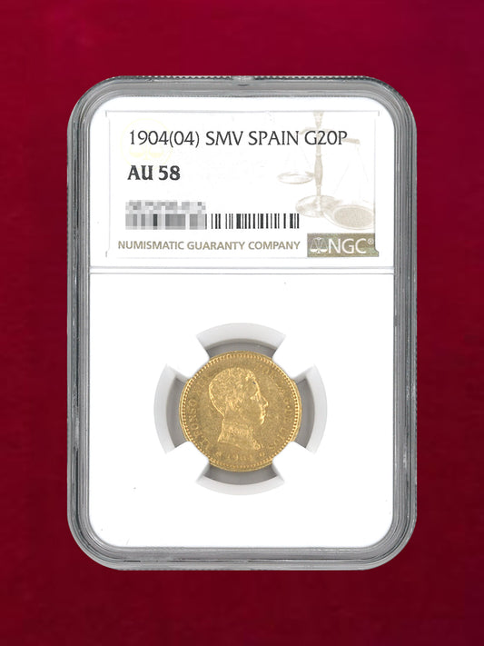 【スペイン】20ペセタ金貨 1904(04) SMV SPAIN NGC AU 58［A-0000104］