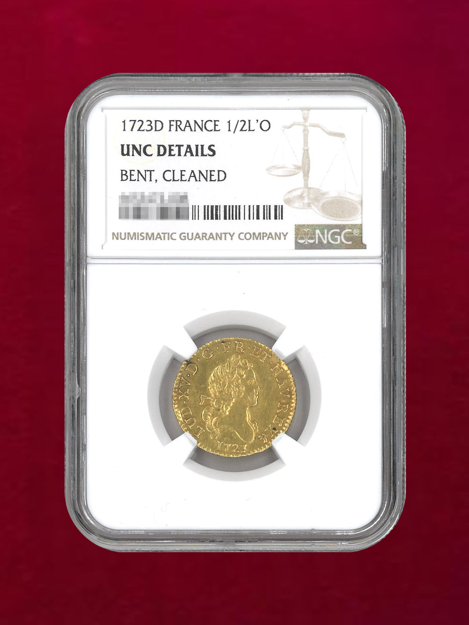 【フランス】1/2L'O 金貨 1723D NGC UNC DETAILS BENT, CLEANED ［A-0000108］