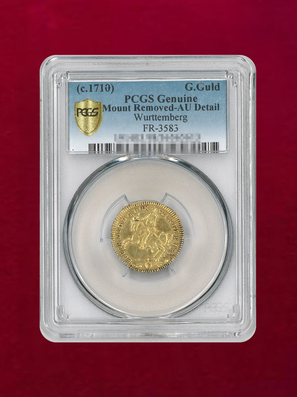 【ドイツ・ヴェルテンベルク】グルデン 金貨 Wurttemberg 1710 PCGS Mount Removed-AU Detail［A-0000112］