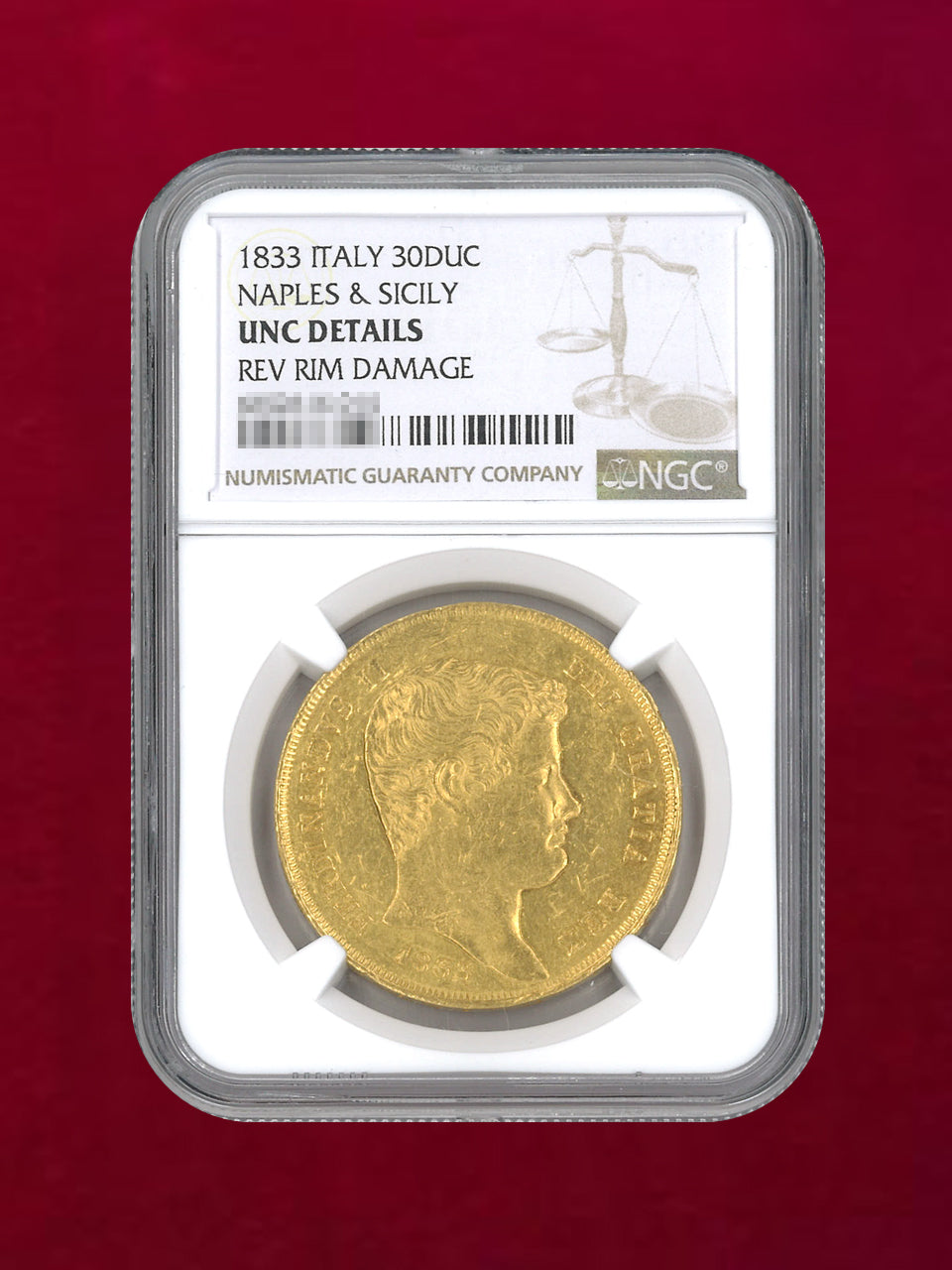 【イタリア・ナポリ】30ドゥカティ 金貨 NAPLES & SICILY 1833 NGC UNC DETAILS REV RIM DAMAGE［A-0000113］