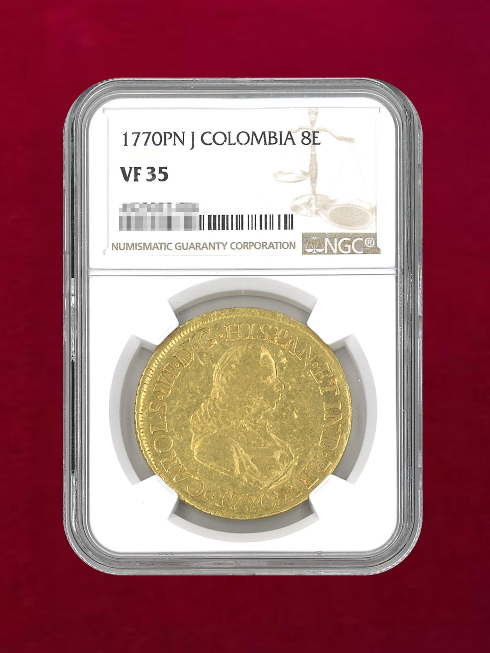 【コロンビア】8エスクード 金貨 1770PN J COLOMBIA NGC VF 35［A-0000117］