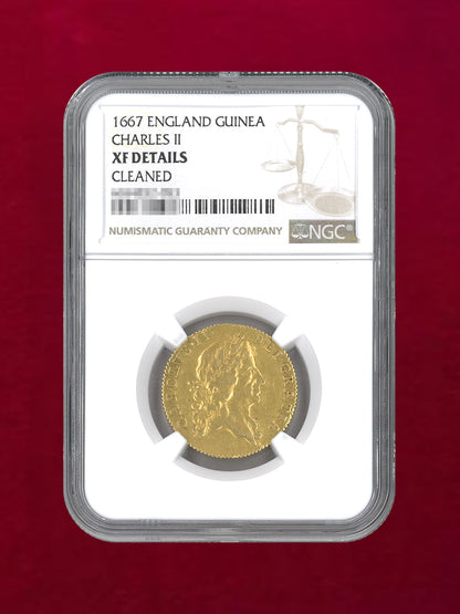 【イギリス】ギニー 金貨 CHARLES II 1667 NGC XF DETAILS CLEANED［A-0000124］