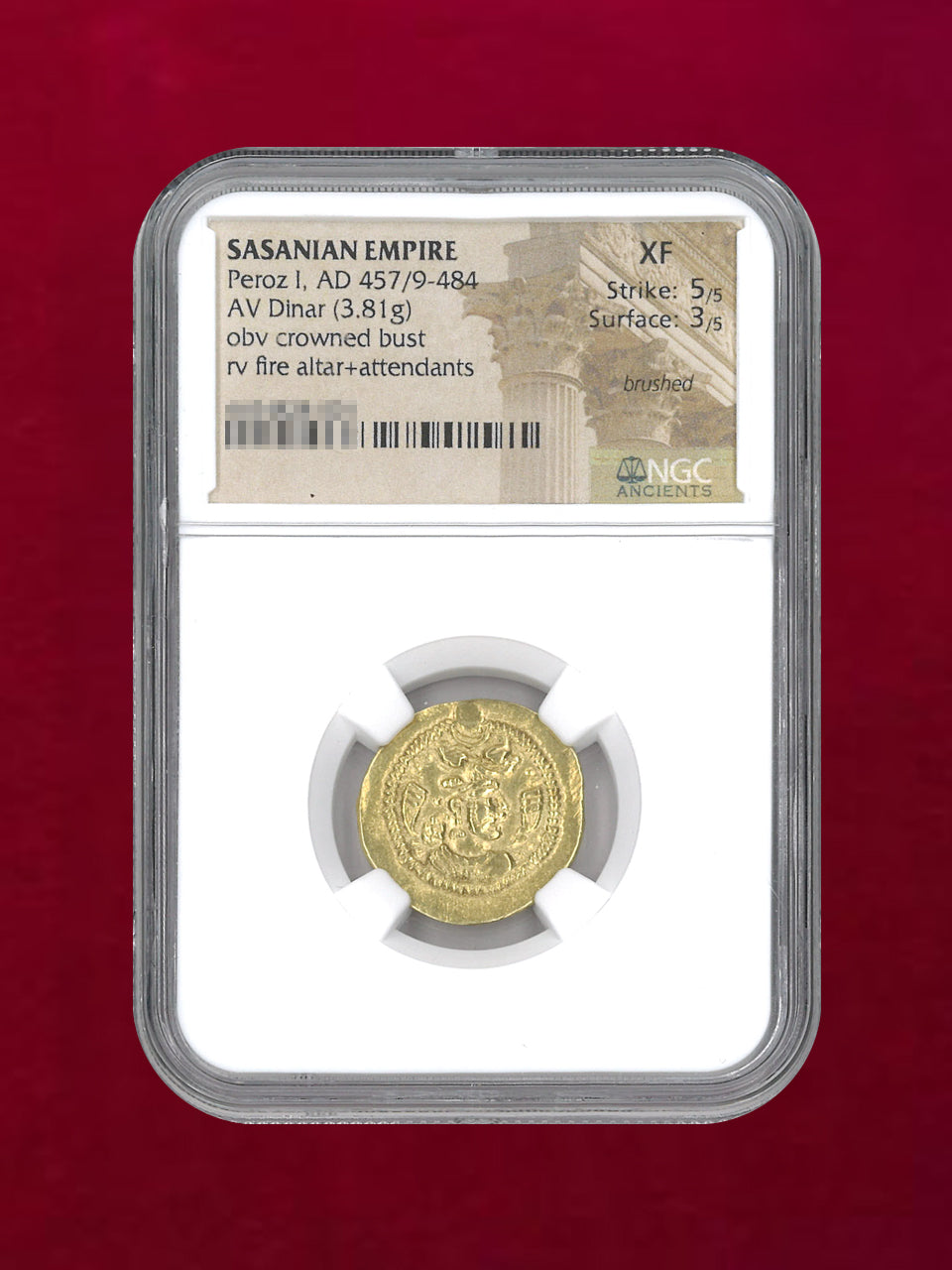 [Sassanid Persia] Peroz I, AD457/9-484 AV Dinar (3.81g) NGC XF 5/5 3/5 brushed [A-0000126]