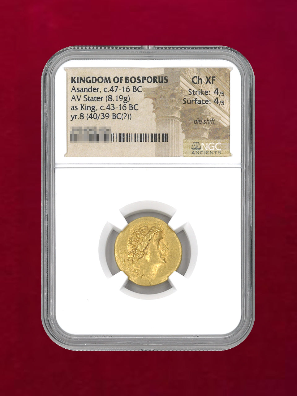 [Bosporan Kingdom] Asander, c.47-16BC AV Stater (8.19g) NGC Ch XF 4/5 4/5 die shift [A-0000134]