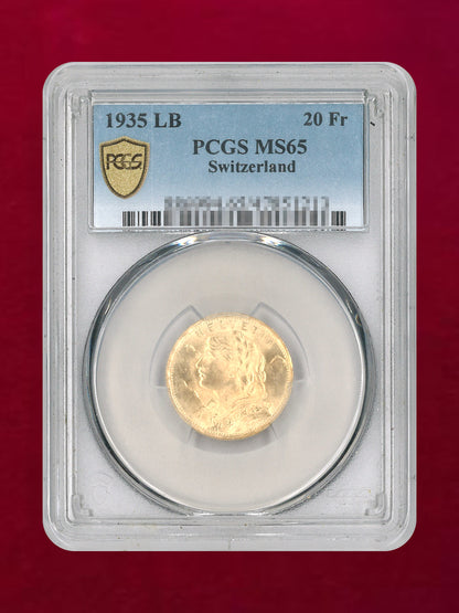 【スイス】20フラン 金貨 1935LB PCGS MS65［A-0000217］