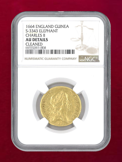 【イギリス】ELEPHANT CHARLES II ギニー 金貨 1664 NGC AU DETAILS CLEANED［A-0000220］
