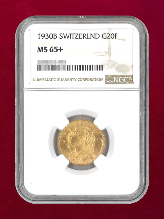 【スイス】20フラン金貨 1930B NGC MS 65+［A-0000225］