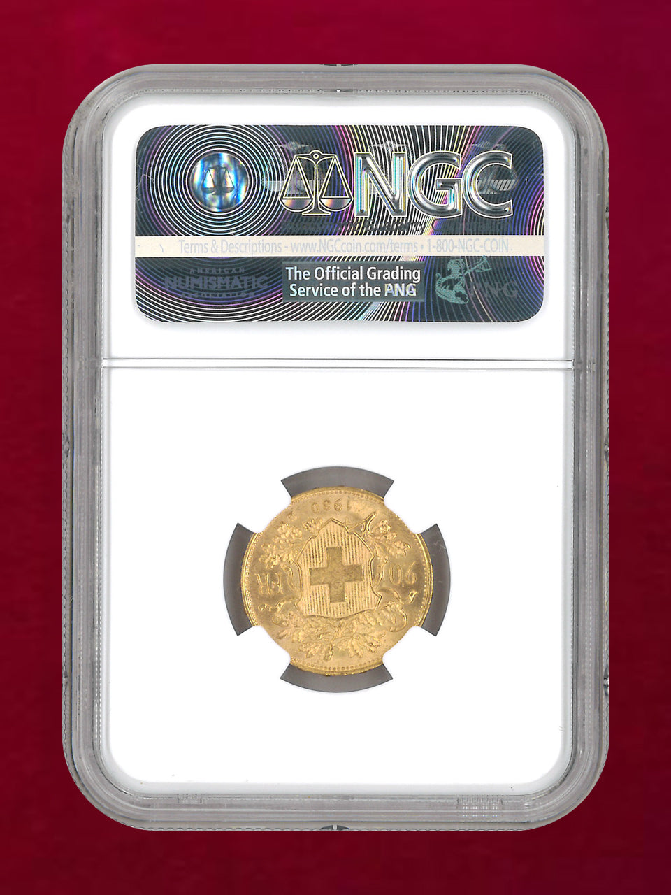 【スイス】20フラン金貨 1930B NGC MS 65+［A-0000225］