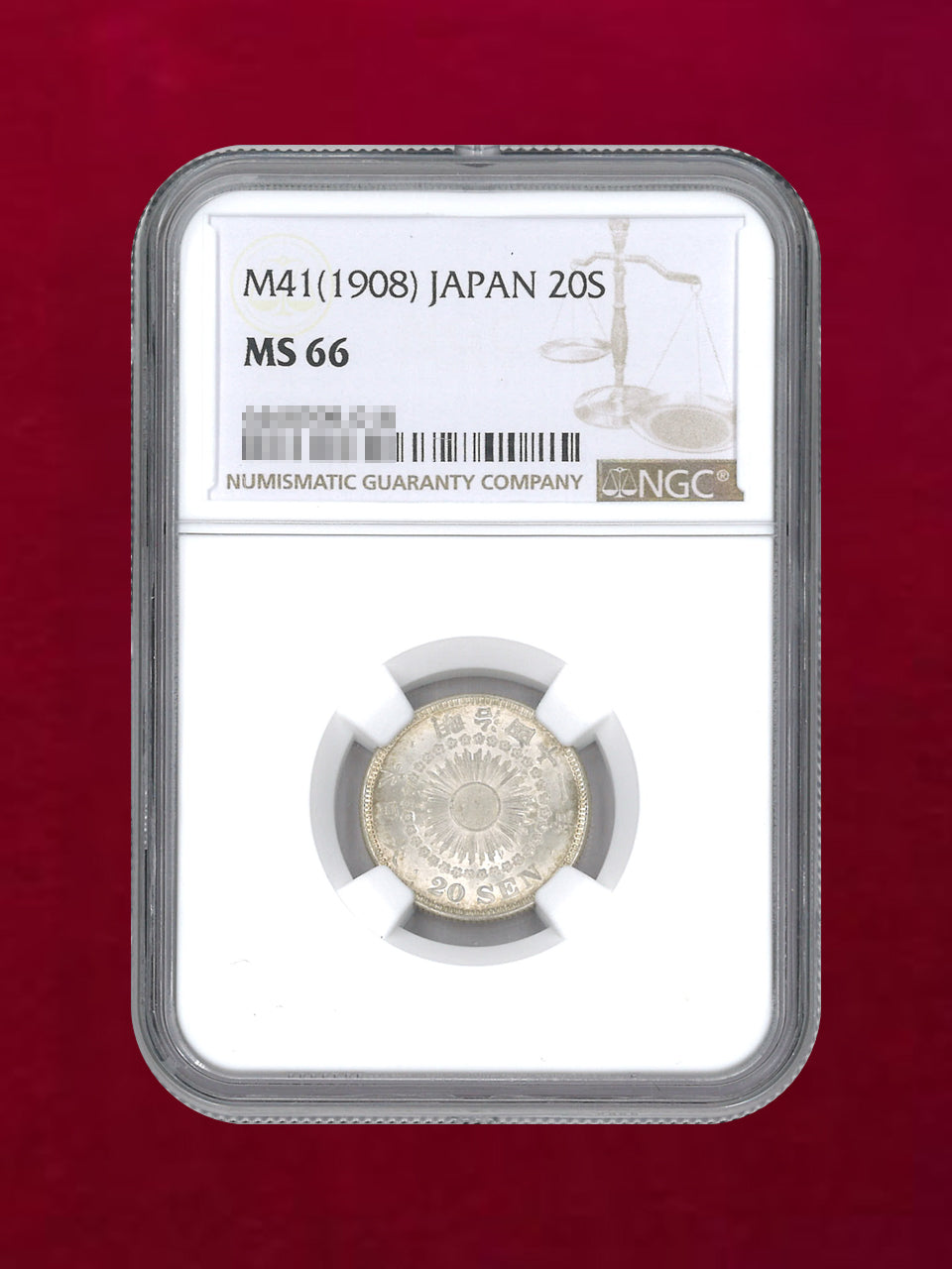 [Japan] Rising Sun 20-sen Silver Coin Meiji 41 (1908) NGC MS66 [B-0000070]