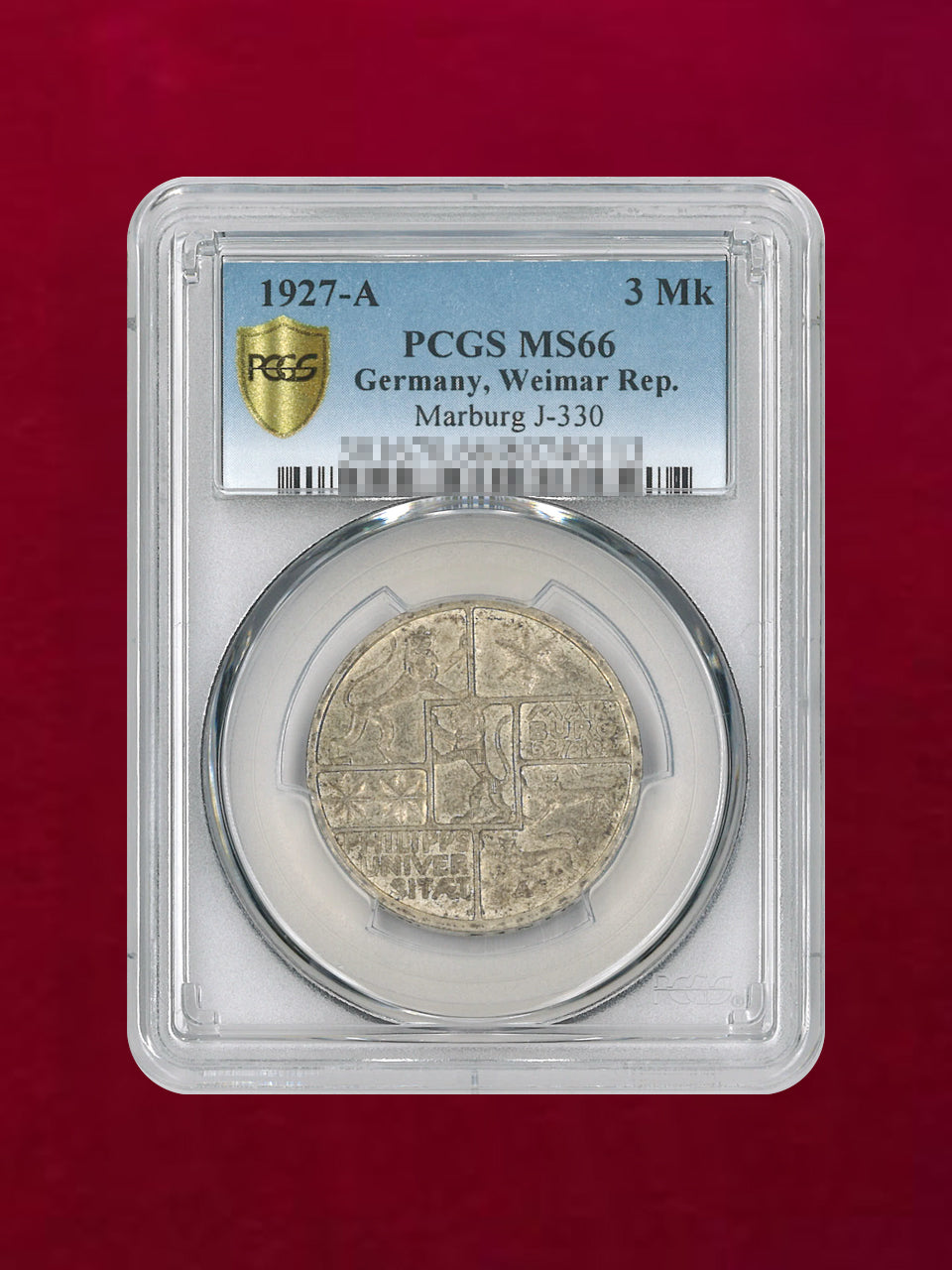 【ドイツ・ワイマール共和国】3マルク銀貨 1927A Marburg PCGS MS66［B-0000084］