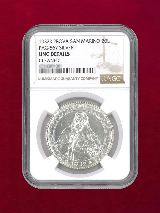 【サンマリノ】20リラ銀貨 1932R PROVA NGC UNC DETAILS CLEANED［B-0000129］