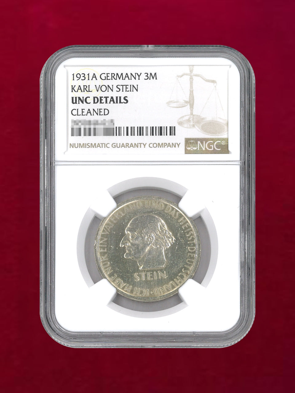 [Weimar Republic of Germany] 3 Mark Silver Coin 1931A KARL VON STEIN NGC UNC DETAILS CLEANED [B-0000140]