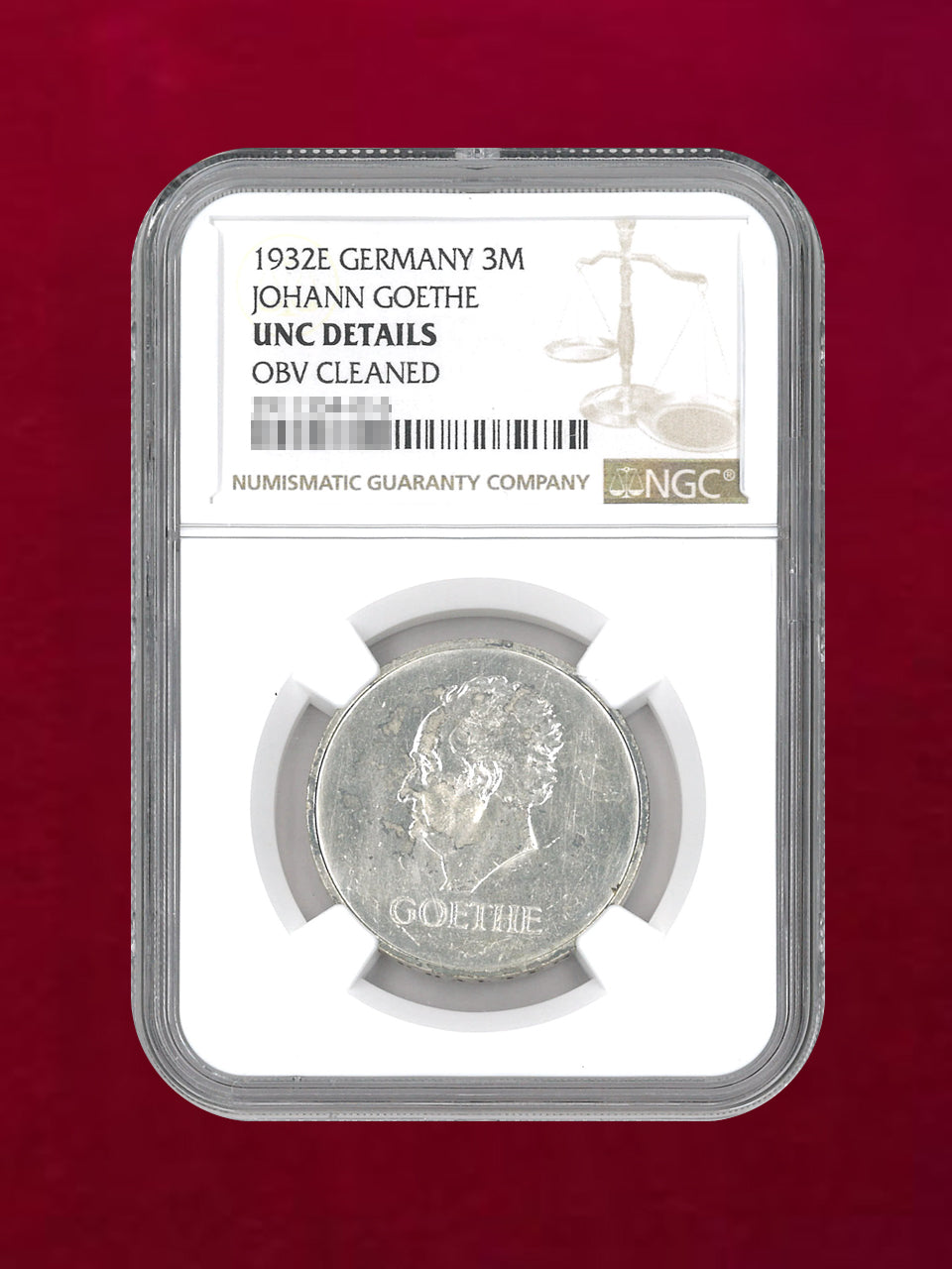 【ドイツ・ワイマール共和国】3マルク銀貨 1932E JOHANN GOETHE NGC UNC DETAILS OBV CLEANED［B-0000145］