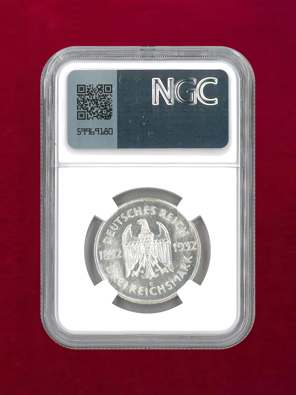 【ドイツ・ワイマール共和国】3マルク銀貨 1932E JOHANN GOETHE NGC UNC DETAILS OBV CLEANED［B-0000145］