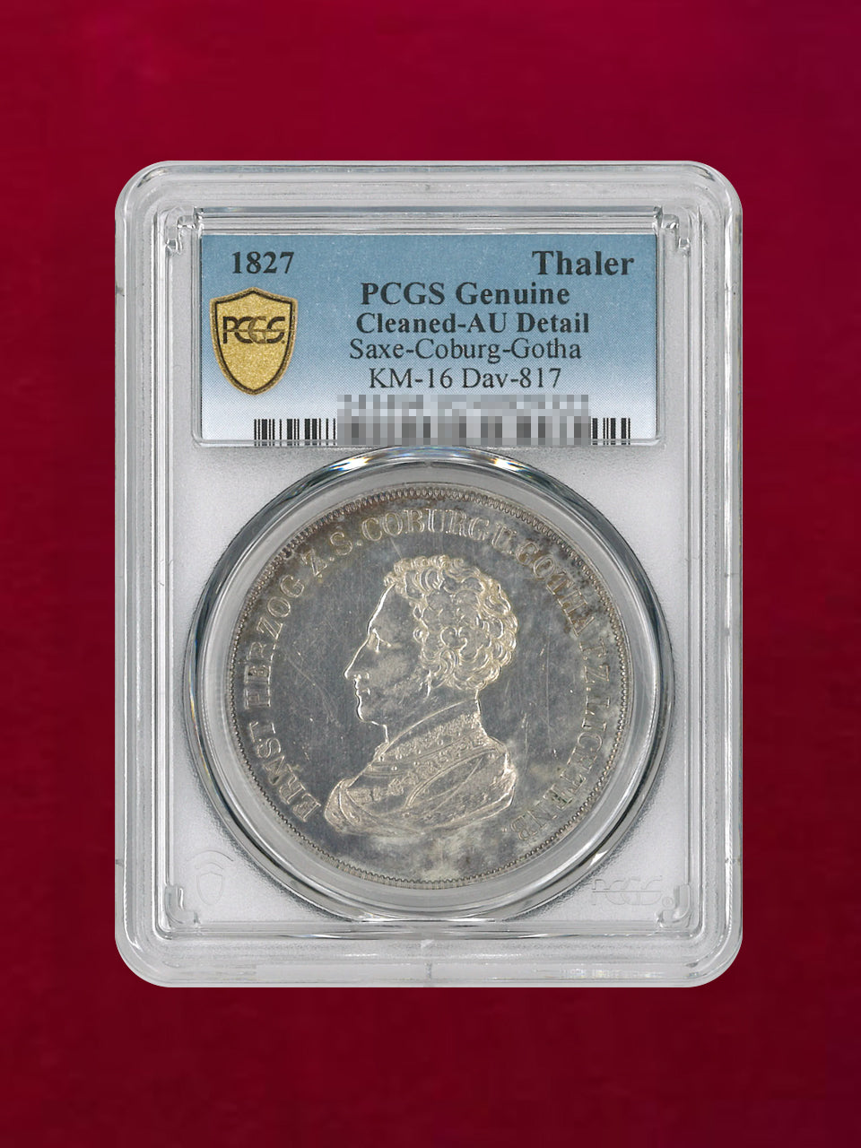 【ドイツ・ザクセン・コーブルク・ゴータ】ターラー銀貨 1827 PCGS Genuine Cleaned-AU Detail［B-0000148］