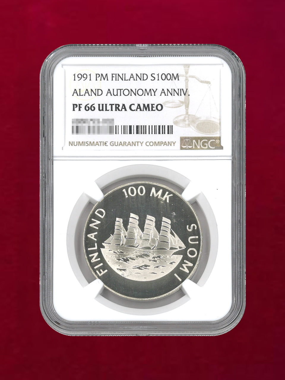 【フィンランド】100マルカ銀貨 ALAND AUTONOMY ANNIV. 1991 NGC PF 66 ULTRA CAMEO［B-0000164］