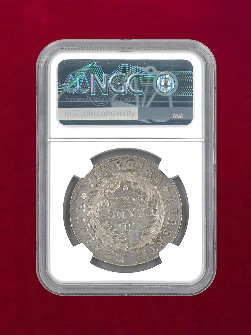 【イタリア・スバルピナ共和国】5フラン銀貨 L'AN 10 ITALY PIEDMONT SUBALPINE REP. 1801 NGC AU DETAILS CLEANED［B-0000165］