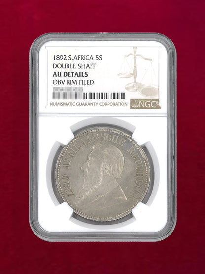 【南アフリカ】5シリング銀貨 DOUBLE SHAFT 1892 NGC AU DETAILS OBV RIM FILED［B-0000168］