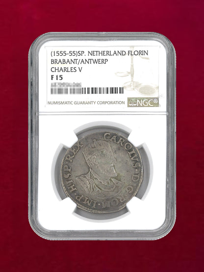 [Spanish Netherlands] Florin Silver Coin BRABANT/ANTWERP CHARLES V 1555-55 NGC F 15 [B-0000172]