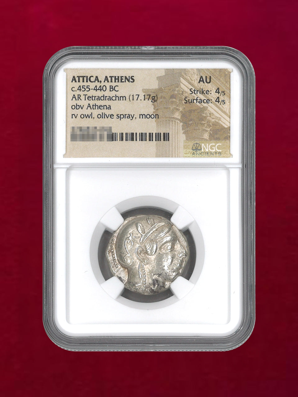 【アッティカ・アテネ】［B-0000183］455-440BC AR Tetradrachm(17.17g) NGC AU 4/5 4/5