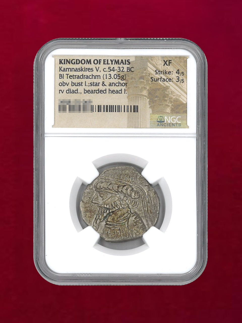 [Kingdom of Elam] Kamnaskires V, c.54-32BC BI Tetradrachm (13.05g) NGC XF 4/5 3/5 [B-0000188]