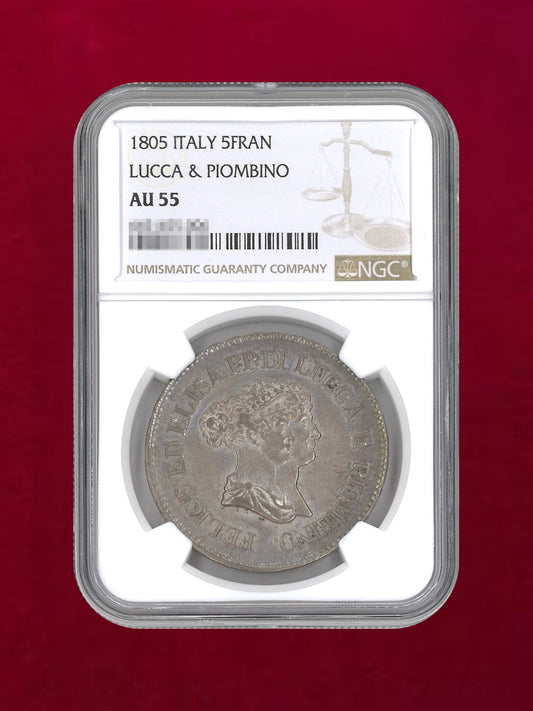 【イタリア・ルッカ】5フラン銀貨 LUCCA & PIOMBINO 1805 NGC AU 55［B-0000213］