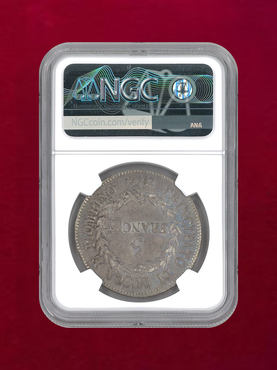 【イタリア・ルッカ】5フラン銀貨 LUCCA & PIOMBINO 1805 NGC AU 55［B-0000213］