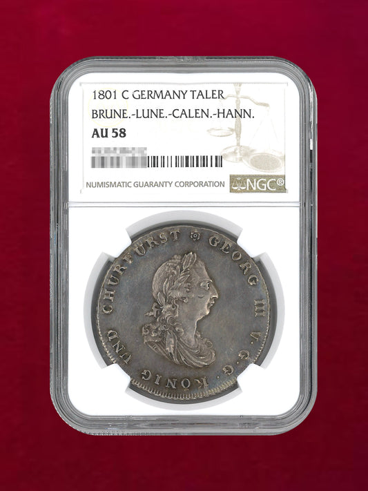 【ドイツ・ブランズウィック・リューネブルク・カレンベルク・ハノーバー】ターラー銀貨 1801C NGC AU 58［B-0000214］